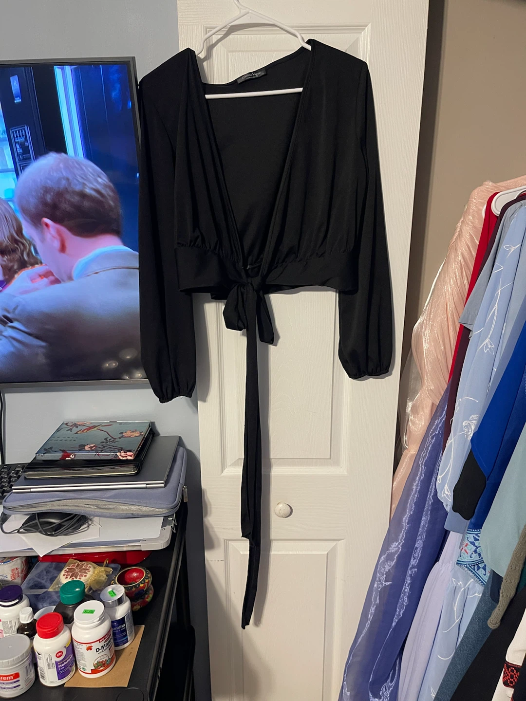 Black Long Sleeve Tie Front Top
