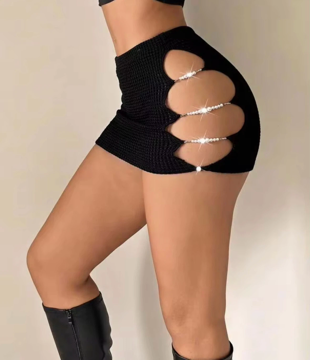 Black Cut-Out Mini Skirt with Pearl Accents