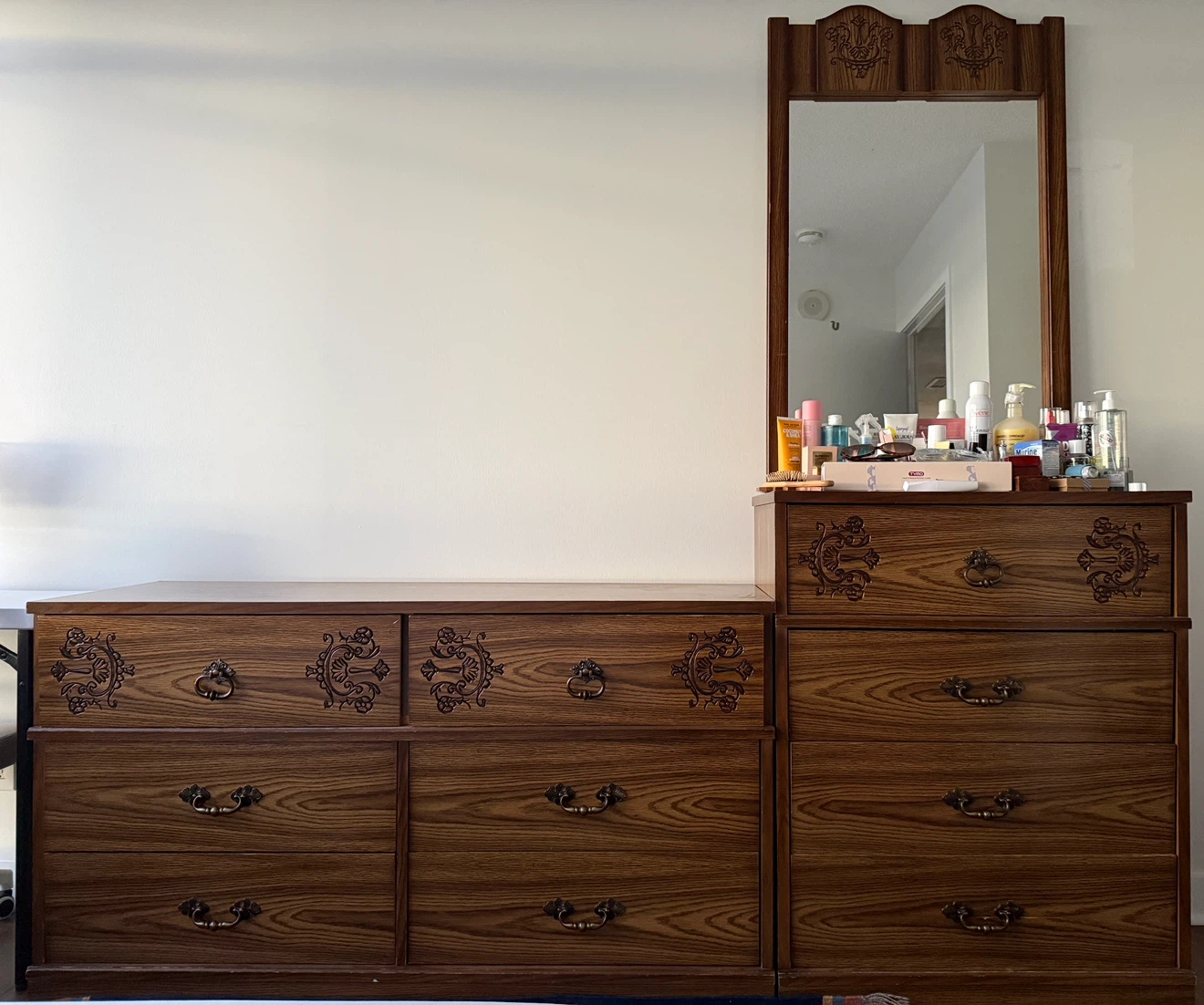 Wooden Dresser Set with Attached Mirror