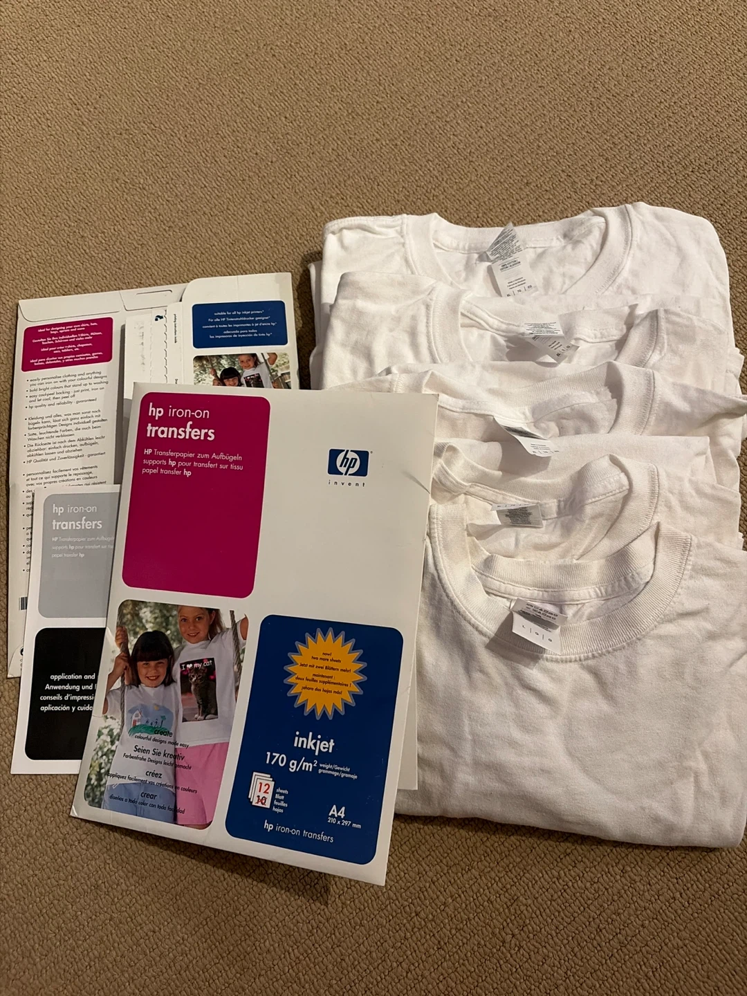 HP Iron-on Transfers sheets and 5 White T-Shirts