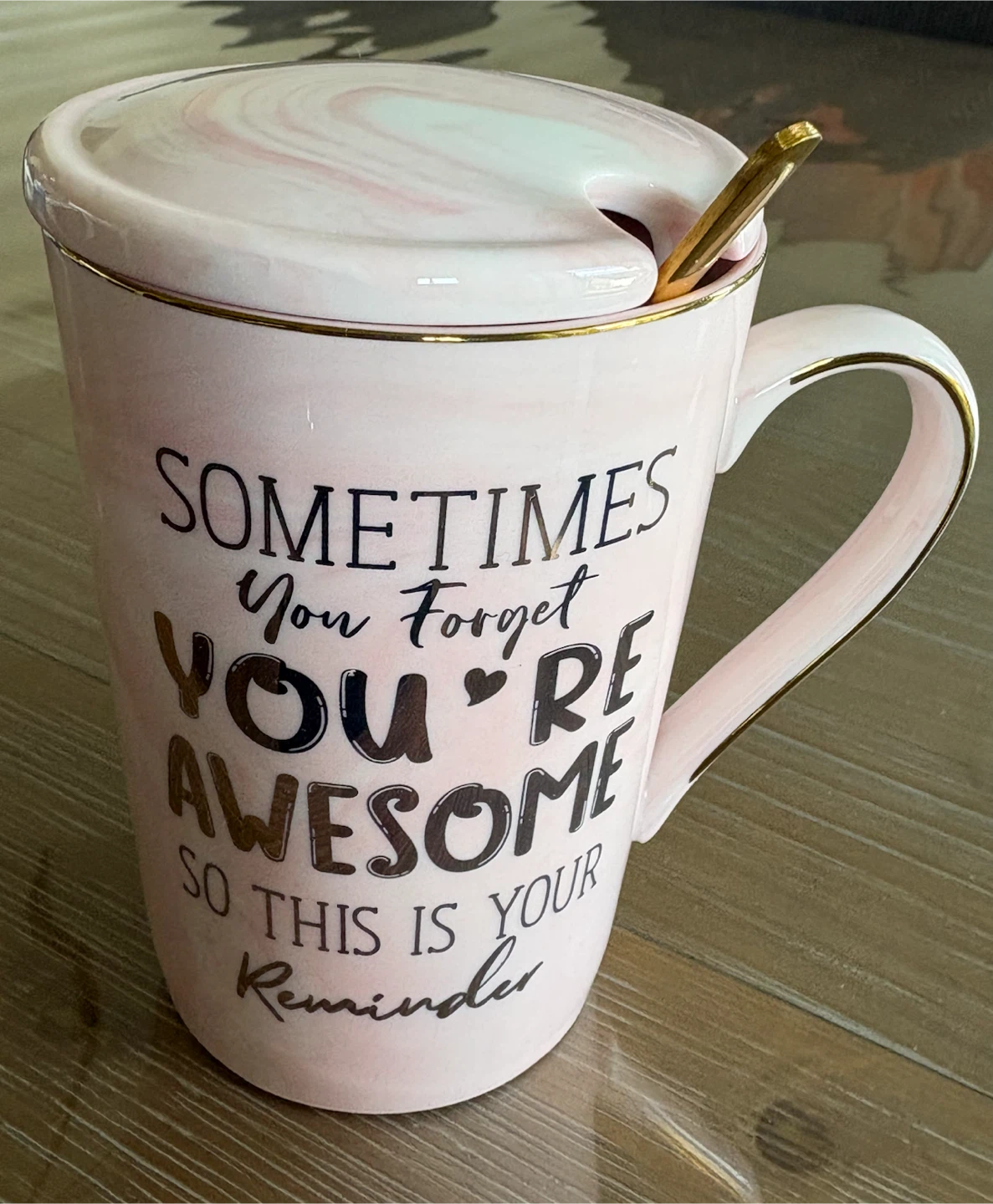 Pink Marble Ceramic Mug with Lid and Spoon