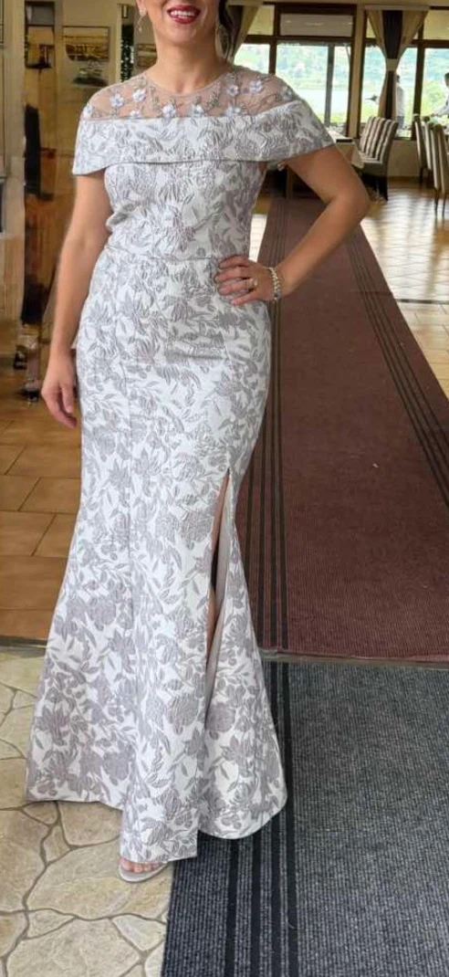 Silver and White Floral Evening Gown