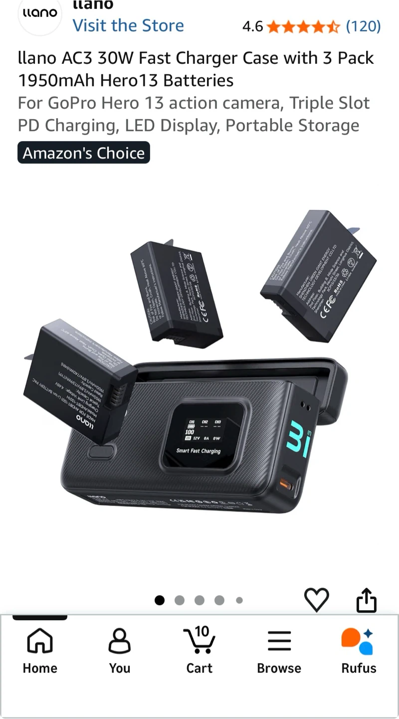 llano AC3 Fast Charger Case with 3 Batteries for Hero 13 - photo 2