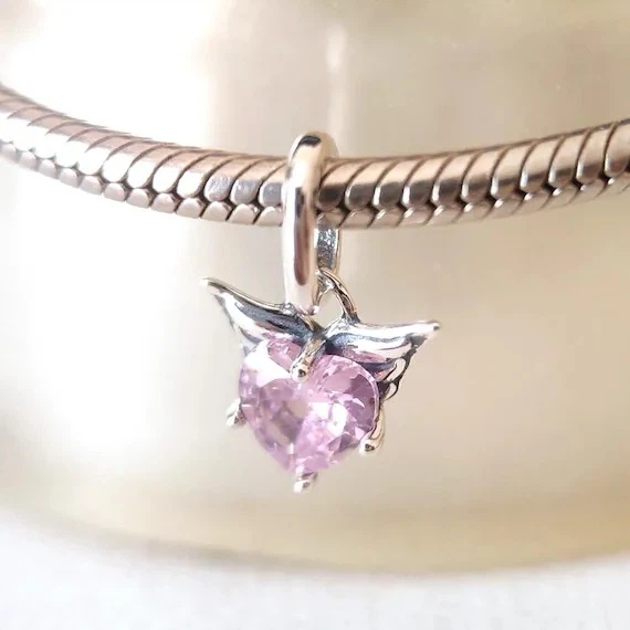 New Pandora Pink Heart Angel Wing Charm