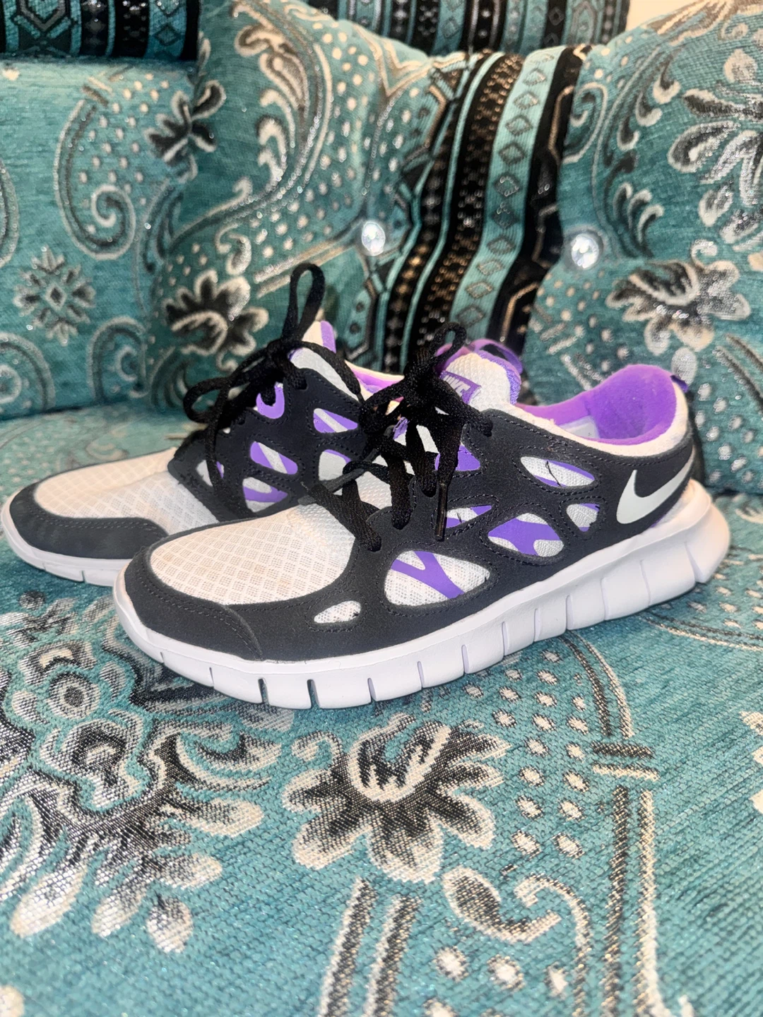 Nike Free sneakers white, black, and purple