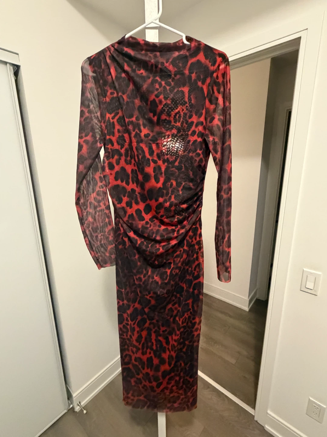 Red and black leopard print midi dress