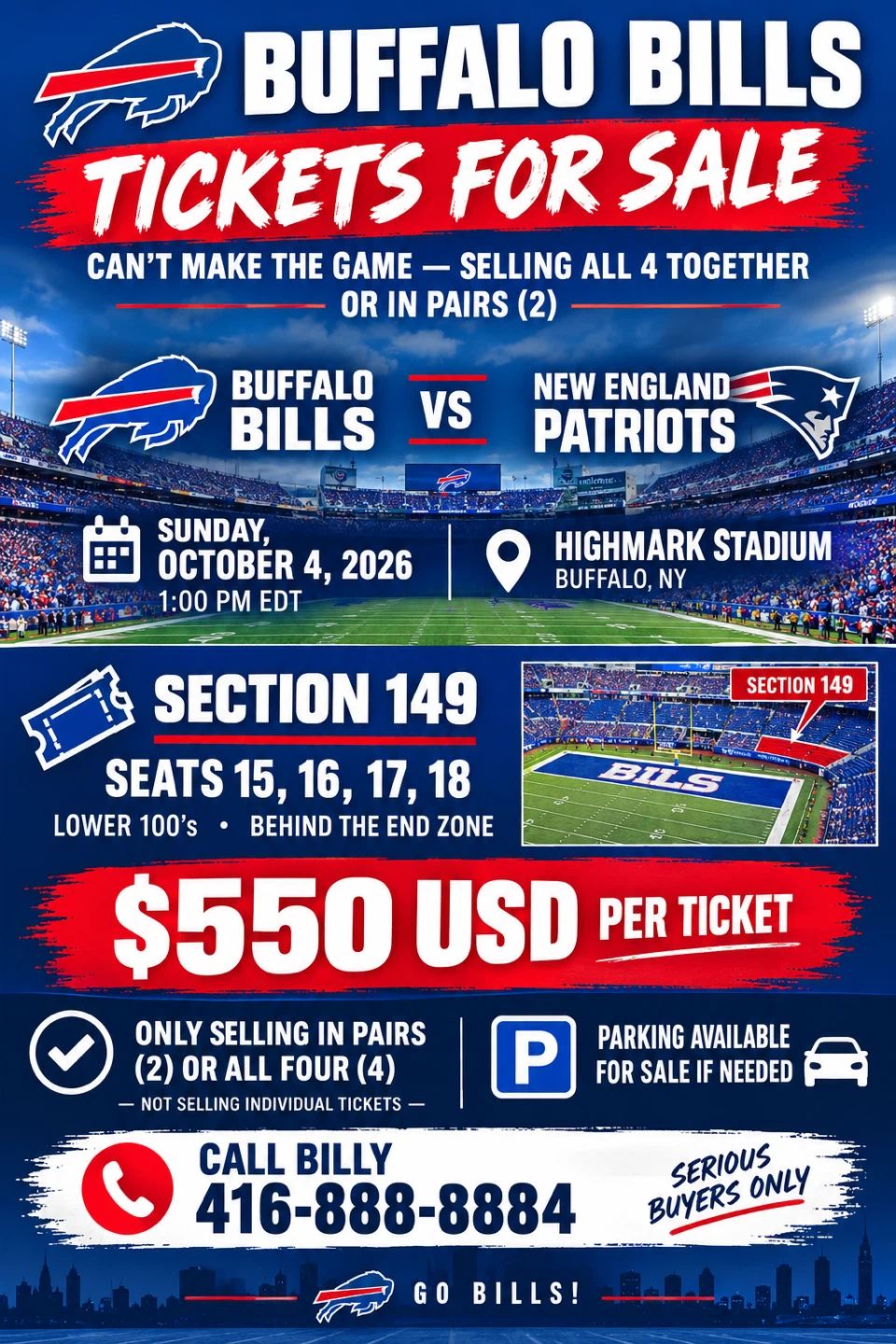 4 Buffalo Bills vs New England Patriots Tickets