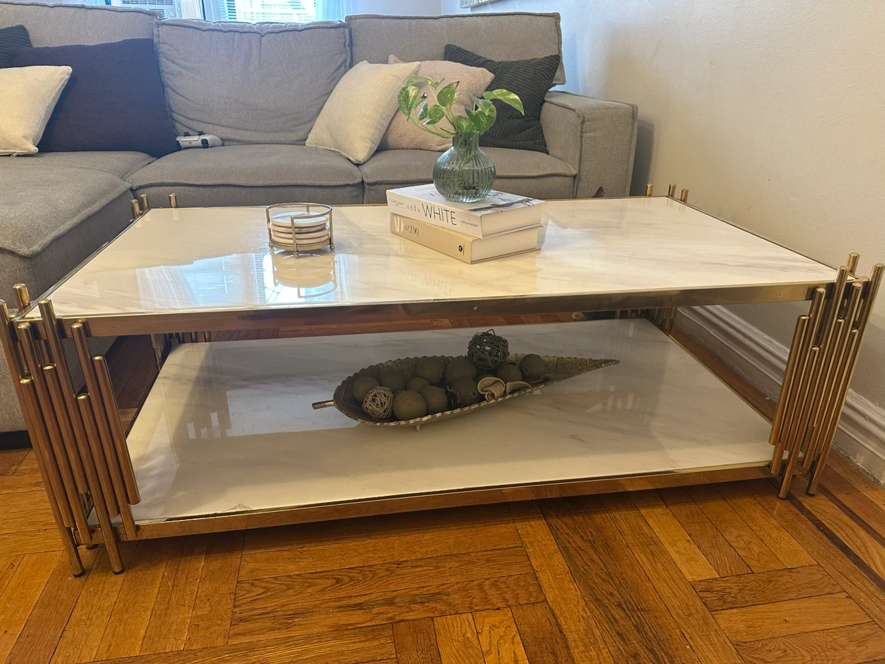 Gold and White Marble Coffee Table
