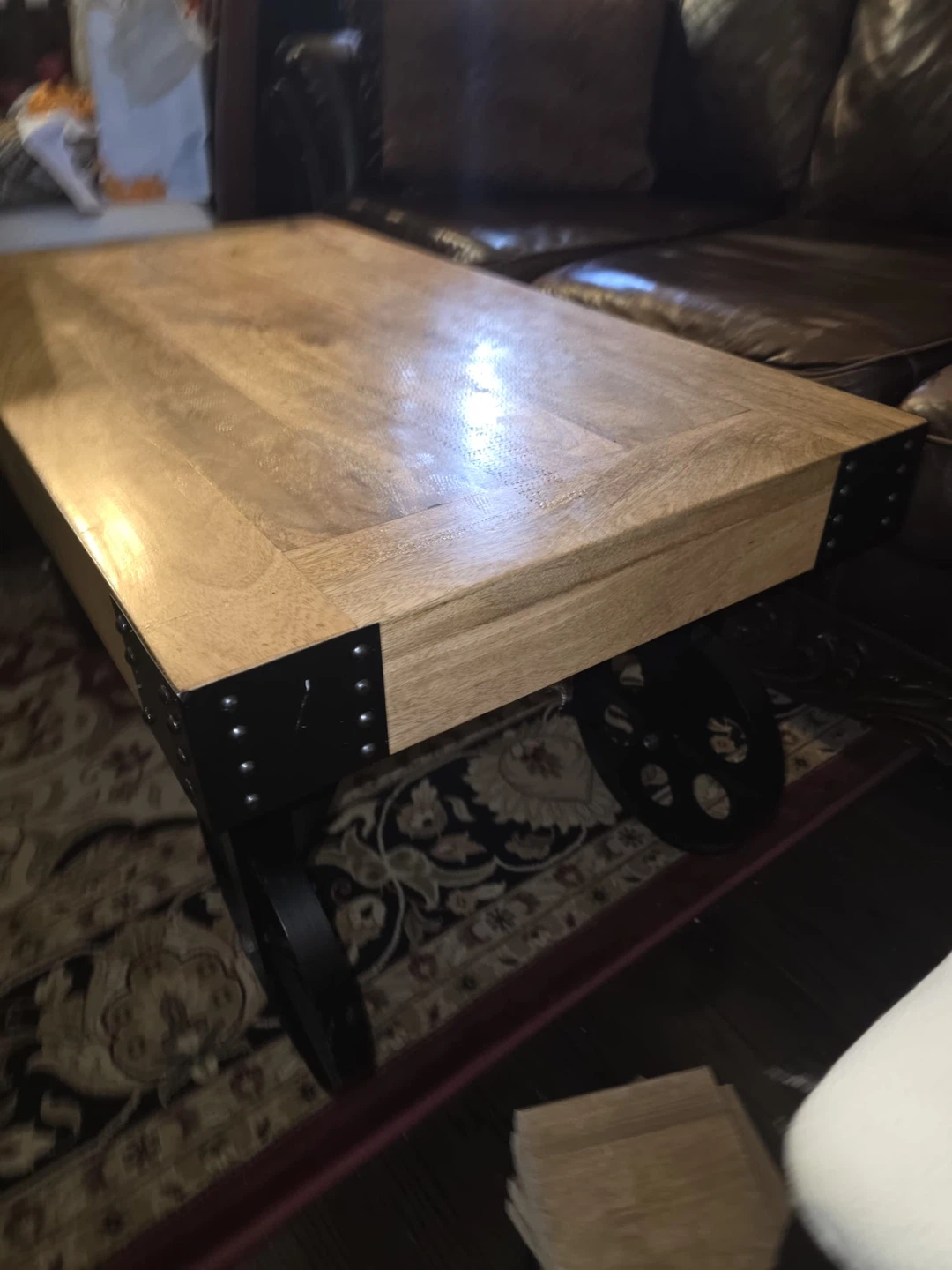 Industrial Style Wooden Coffee Table with Metal Wheels - photo 3