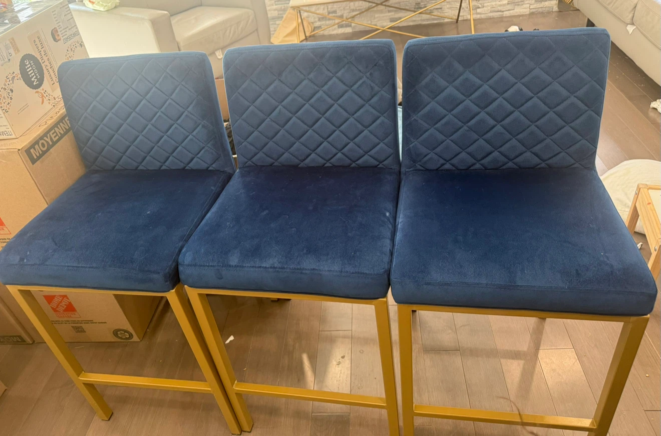 Set of 3 Blue Velvet and Gold Bar Stools