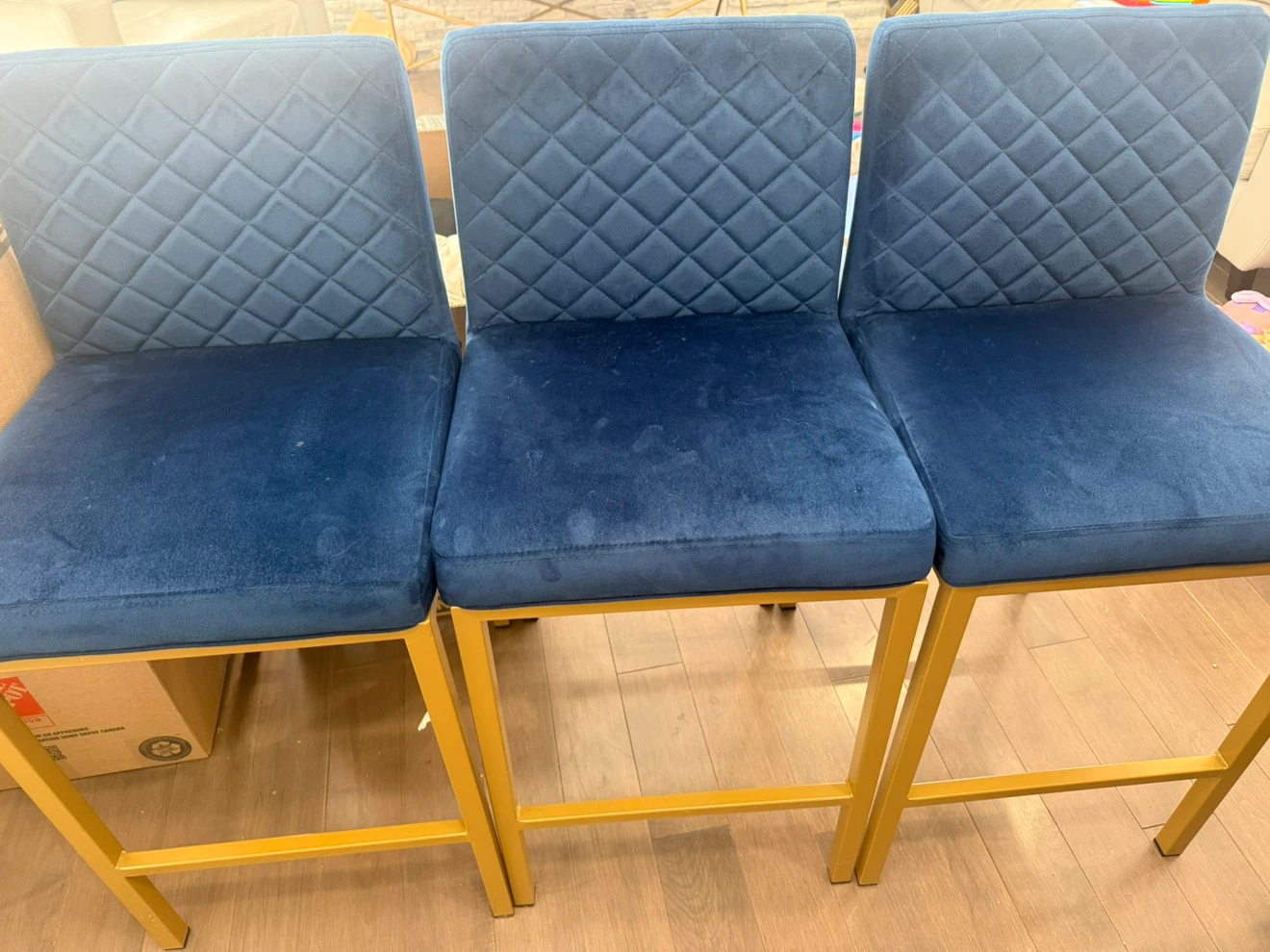 Set of 3 Blue Velvet and Gold Bar Stools - photo 2