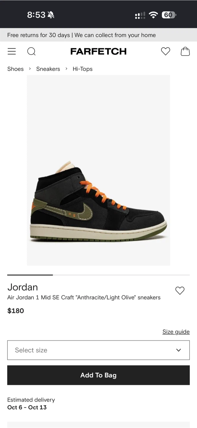 Air Jordan 1 Mid SE Craft Anthracite Light Olive Size 9.5