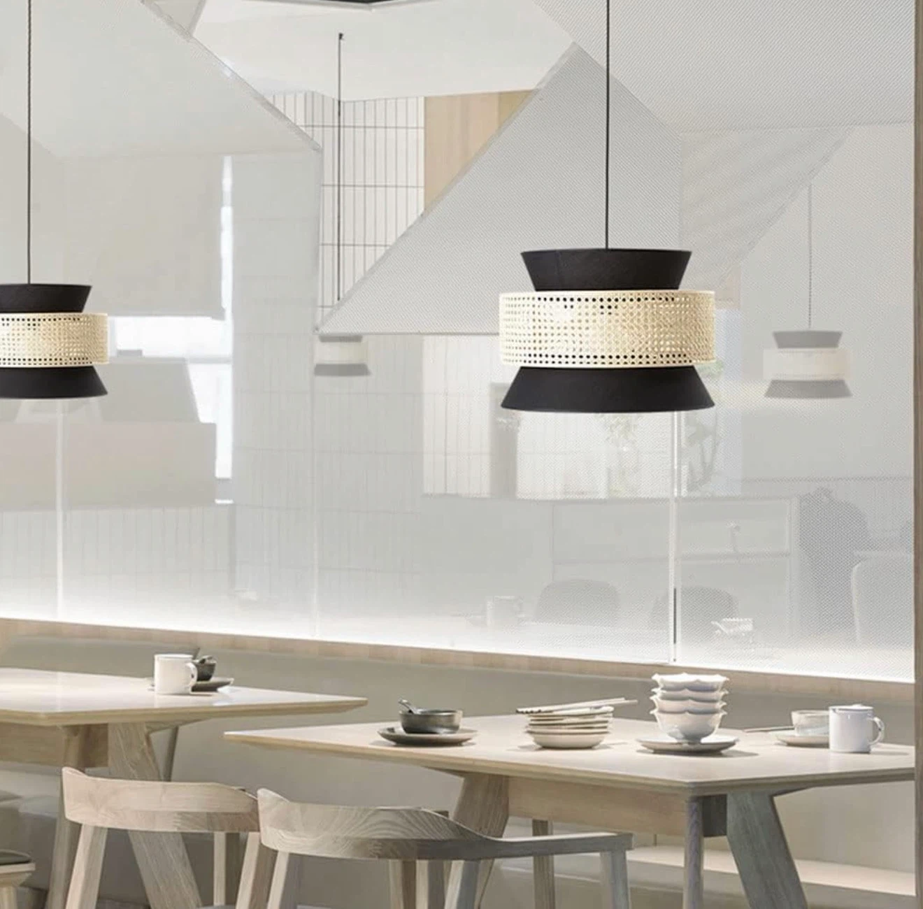 Modern Cane and Fabric Pendant Light