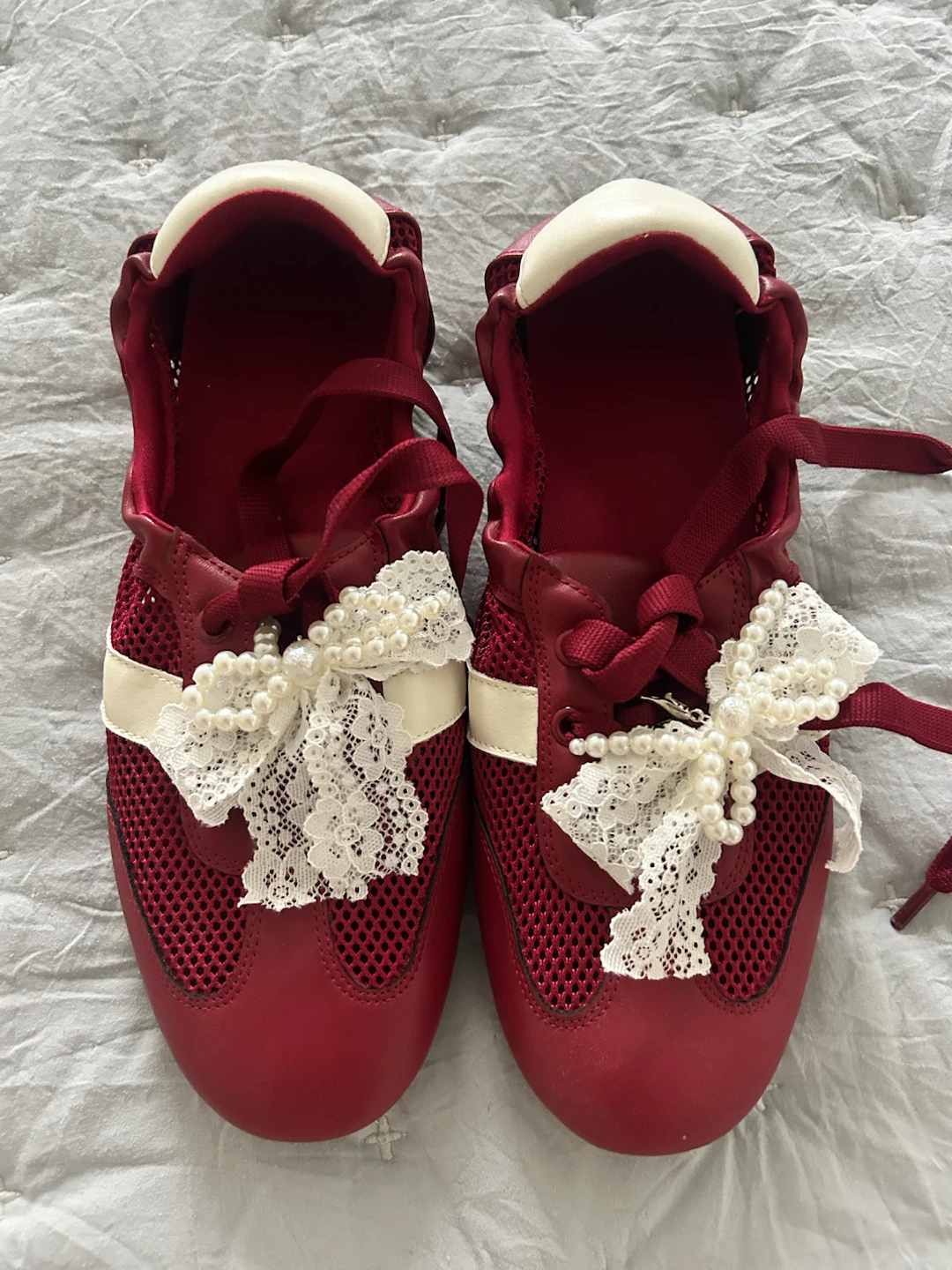 Red Mesh Sneakers with Pearl Lace Accents