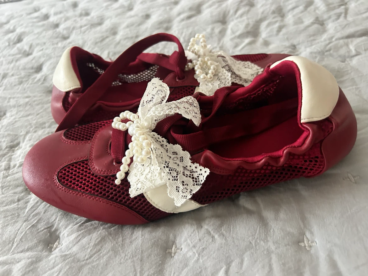 Red Mesh Sneakers with Pearl Lace Accents - photo 2