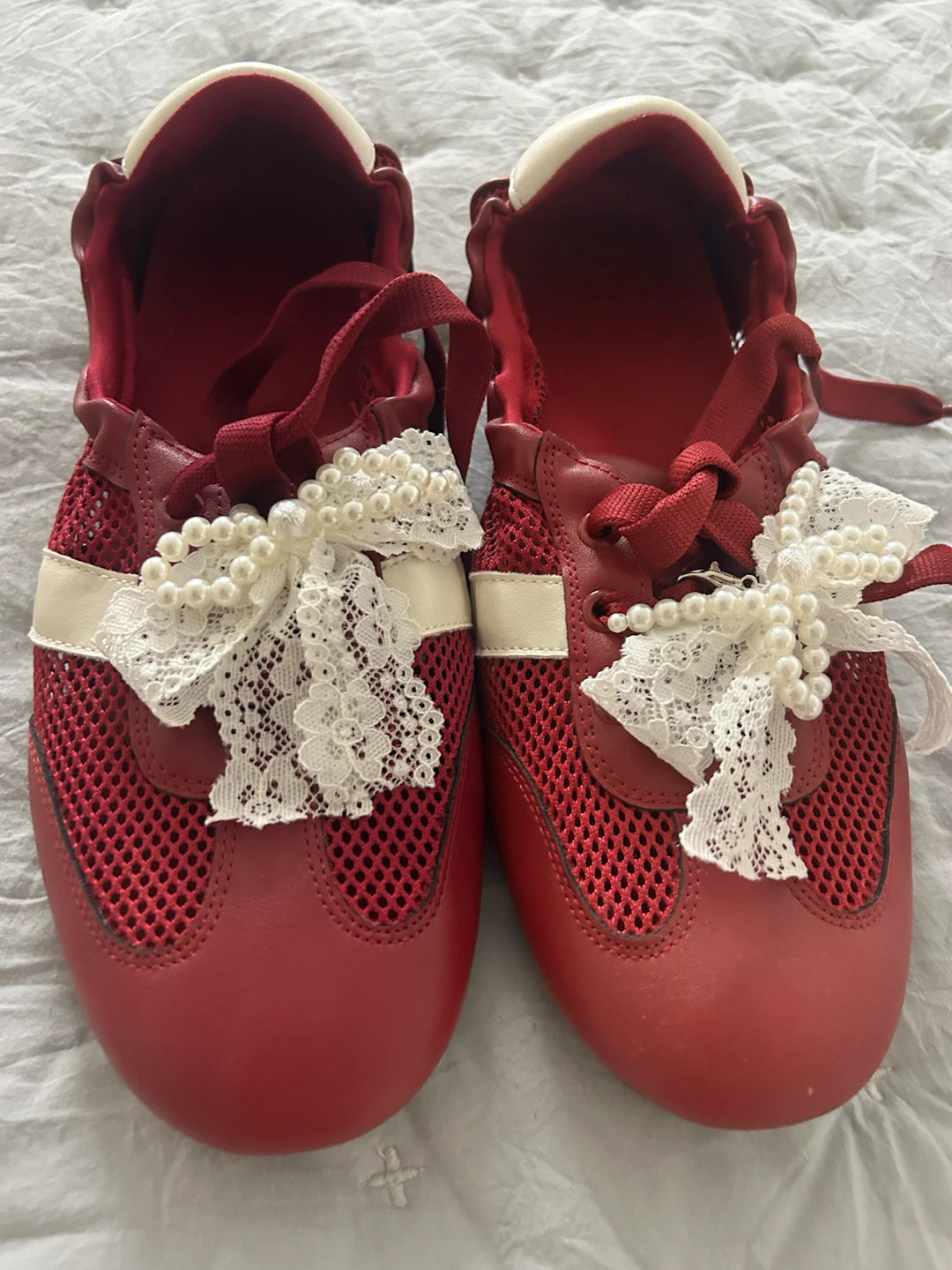 Red Mesh Sneakers with Pearl Lace Accents - photo 3