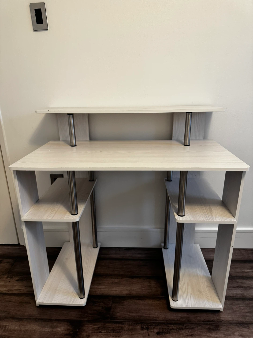 Light wood-grain computer desk with shelving