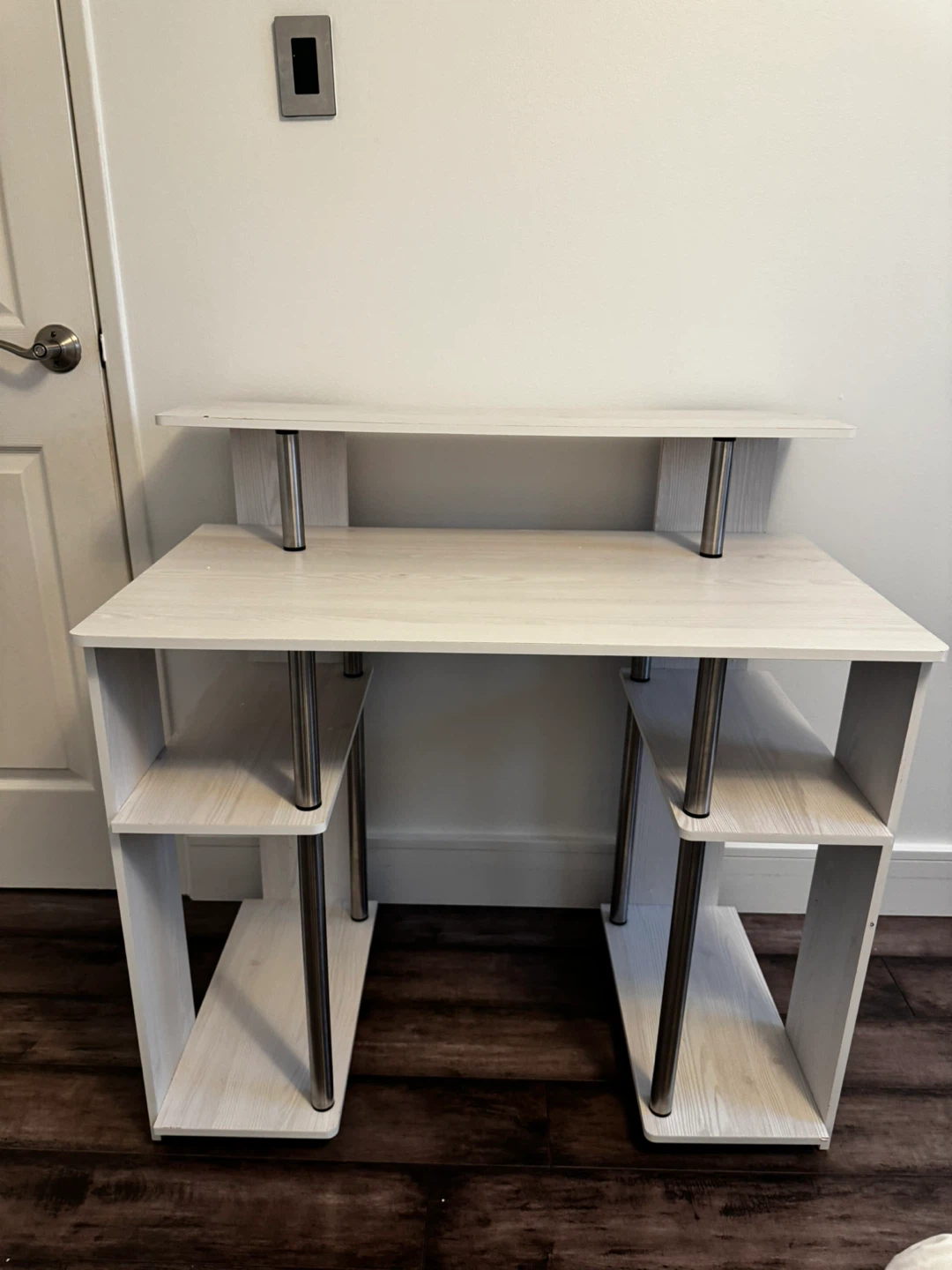 Light wood-grain computer desk with shelving - photo 2