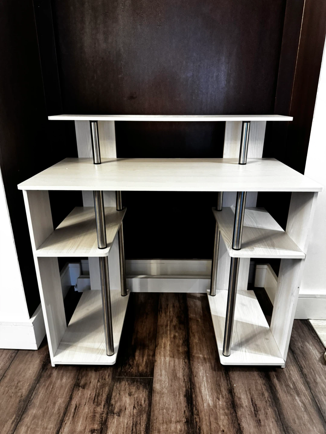 Light wood-grain computer desk with shelving - photo 4