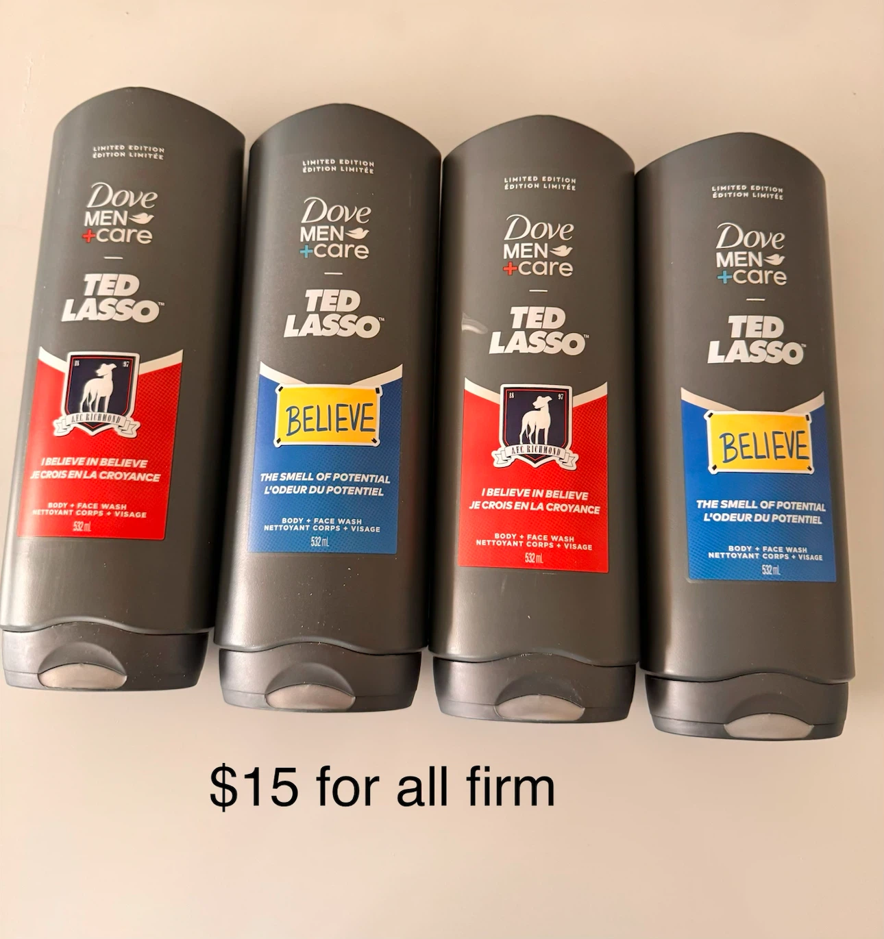 4 Dove Men+Care Ted Lasso Body and Face Wash Bottles
