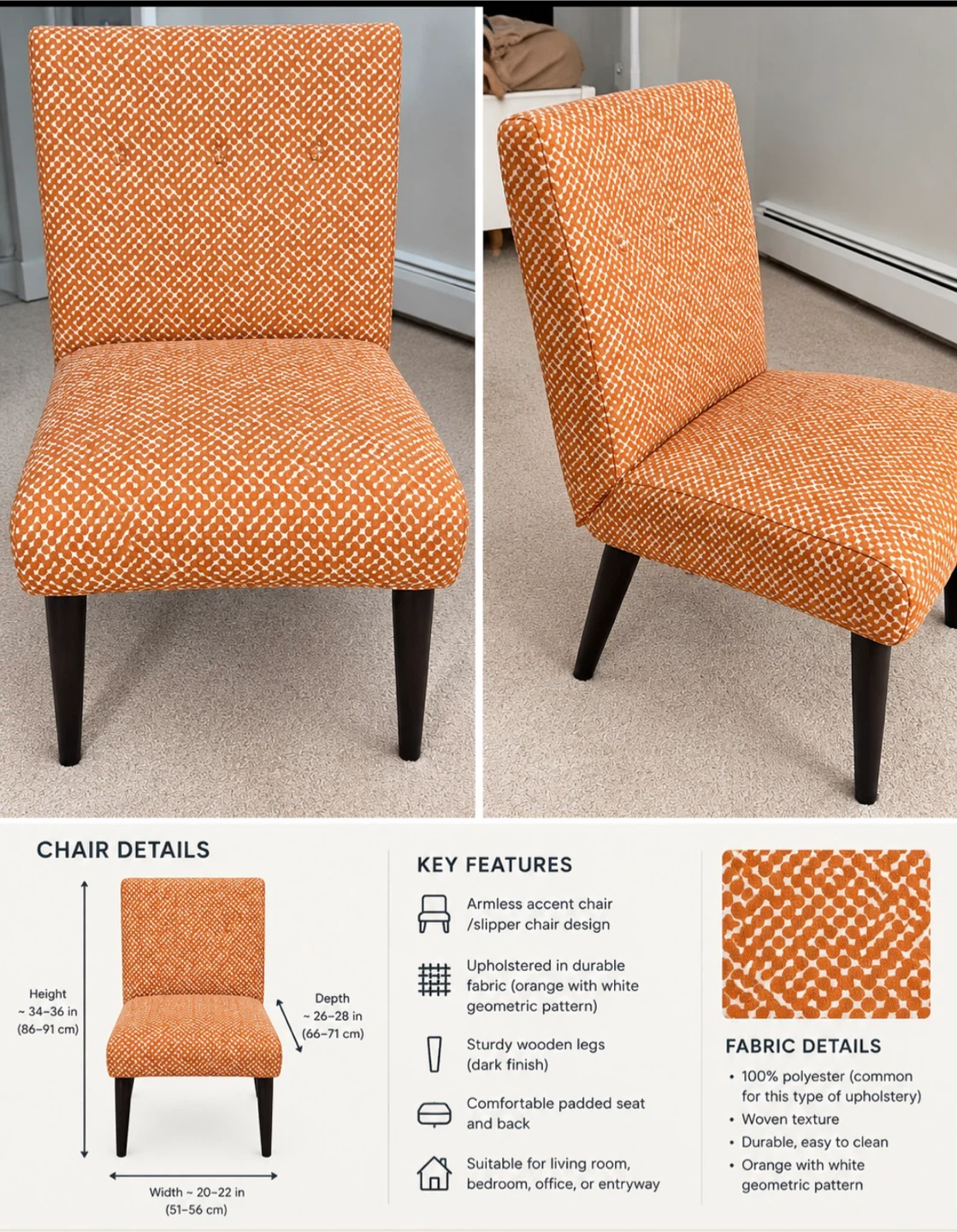 Armless Orange Accent Slipper Chair - photo 2