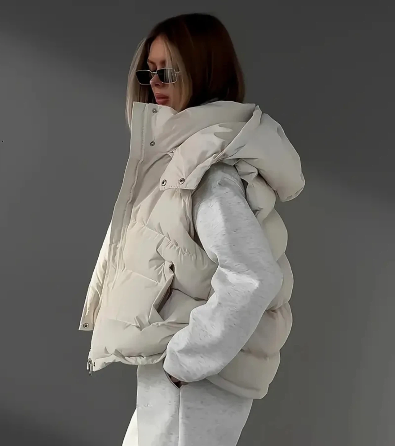 Cream Puffer Vest with Hood