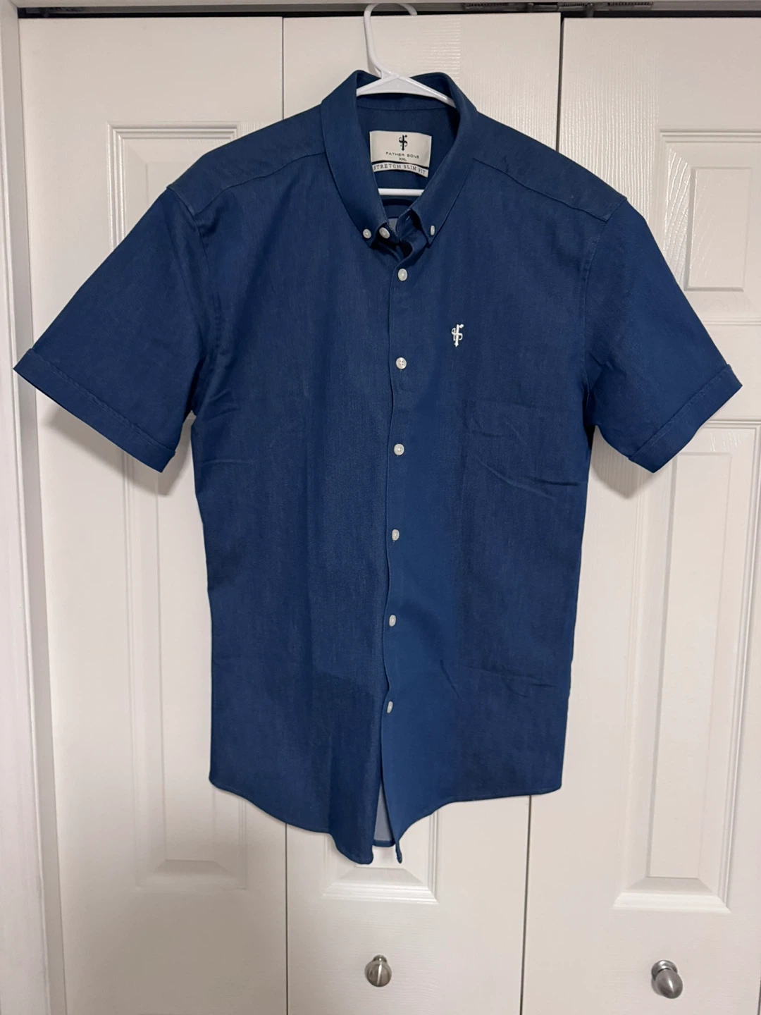 Father Sons Blue Stretch Slim Fit Short Sleeve Shirt