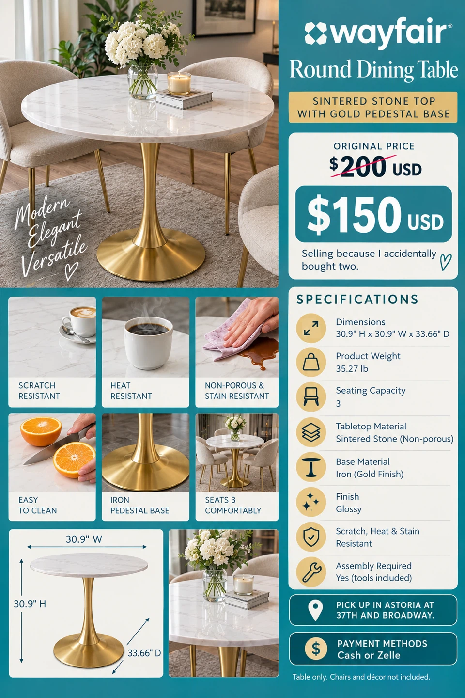 Dining Table - Sintered Stone & Gold Pedestal (Brand New) - photo 3