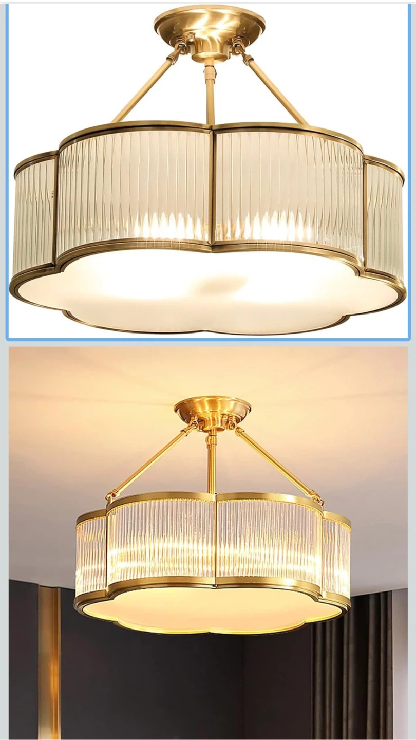 Brass and Ribbed Glass Semi-Flush Mount Ceiling Light