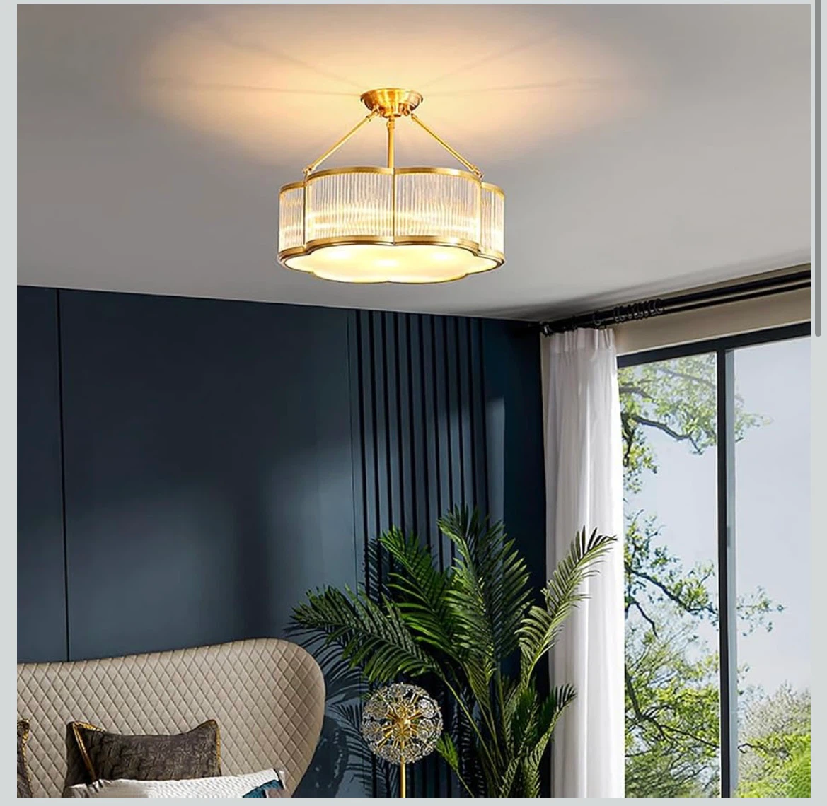 Brass and Ribbed Glass Semi-Flush Mount Ceiling Light - photo 2