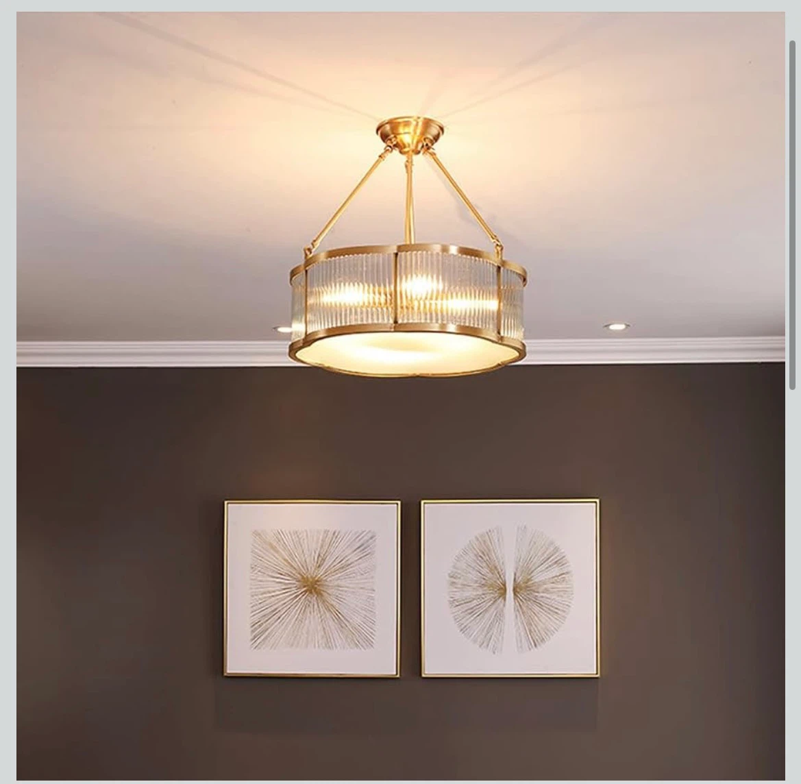 Brass and Ribbed Glass Semi-Flush Mount Ceiling Light - photo 3