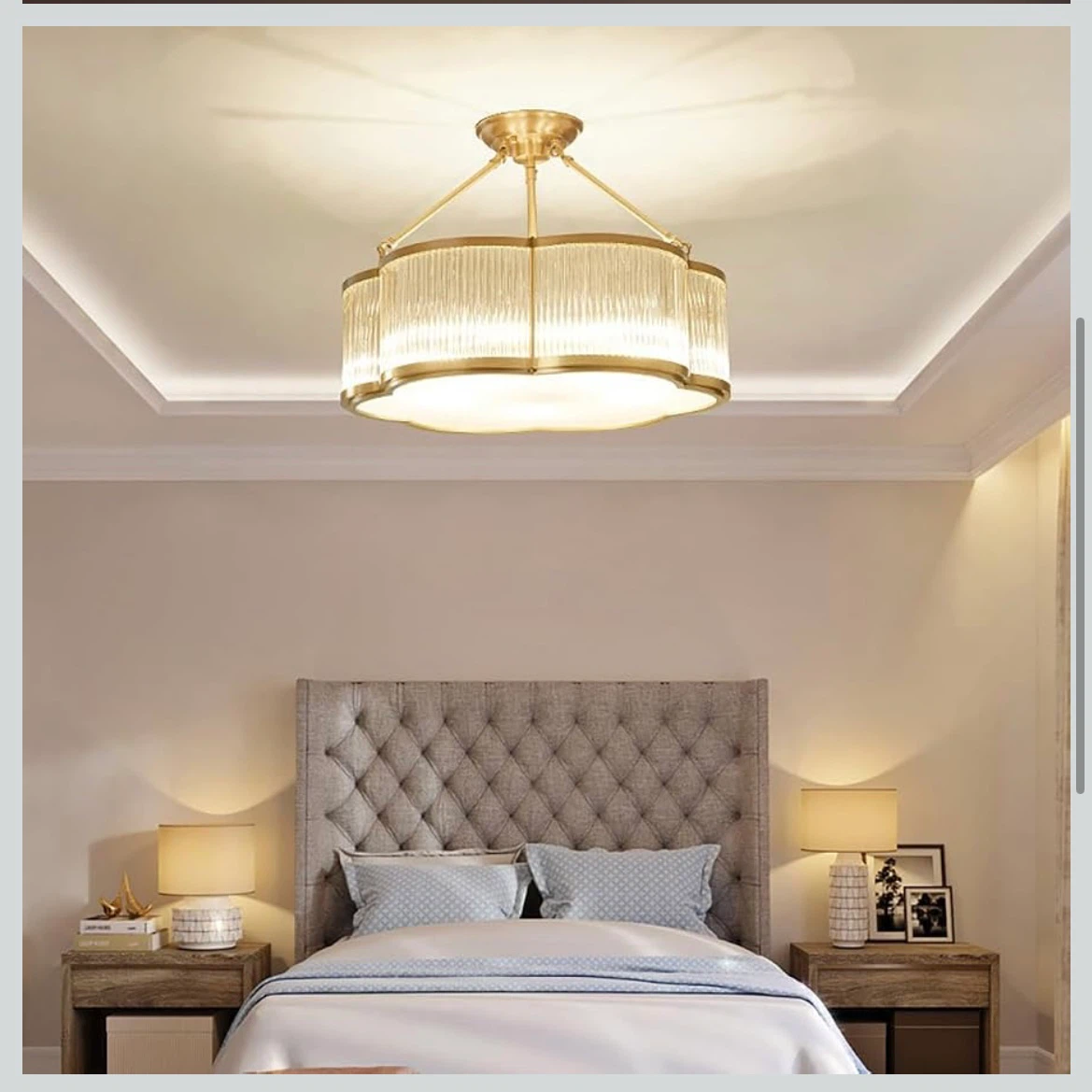 Brass and Ribbed Glass Semi-Flush Mount Ceiling Light - photo 4