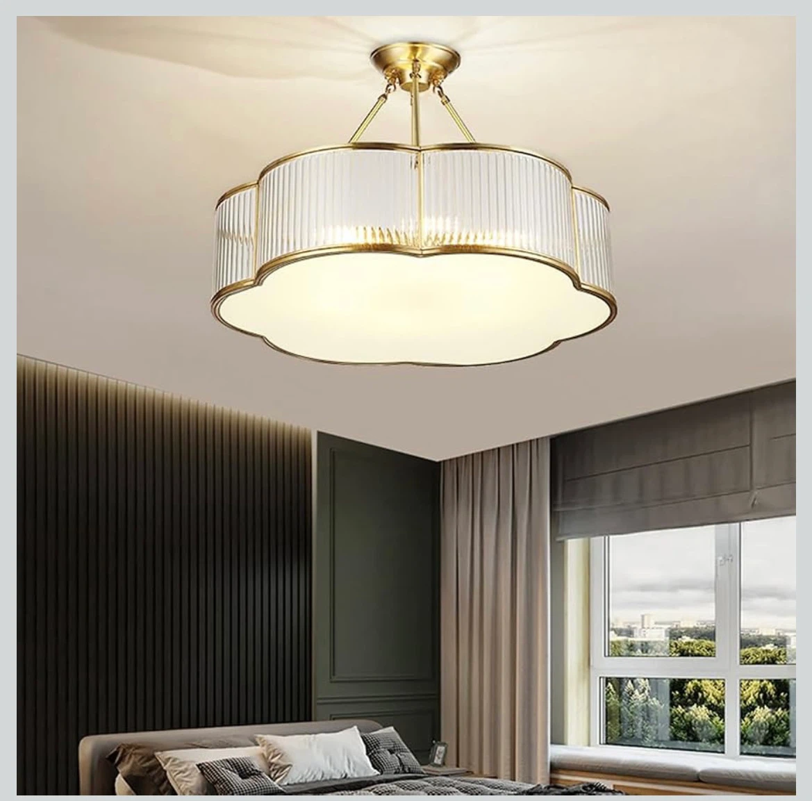 Brass and Ribbed Glass Semi-Flush Mount Ceiling Light - photo 5