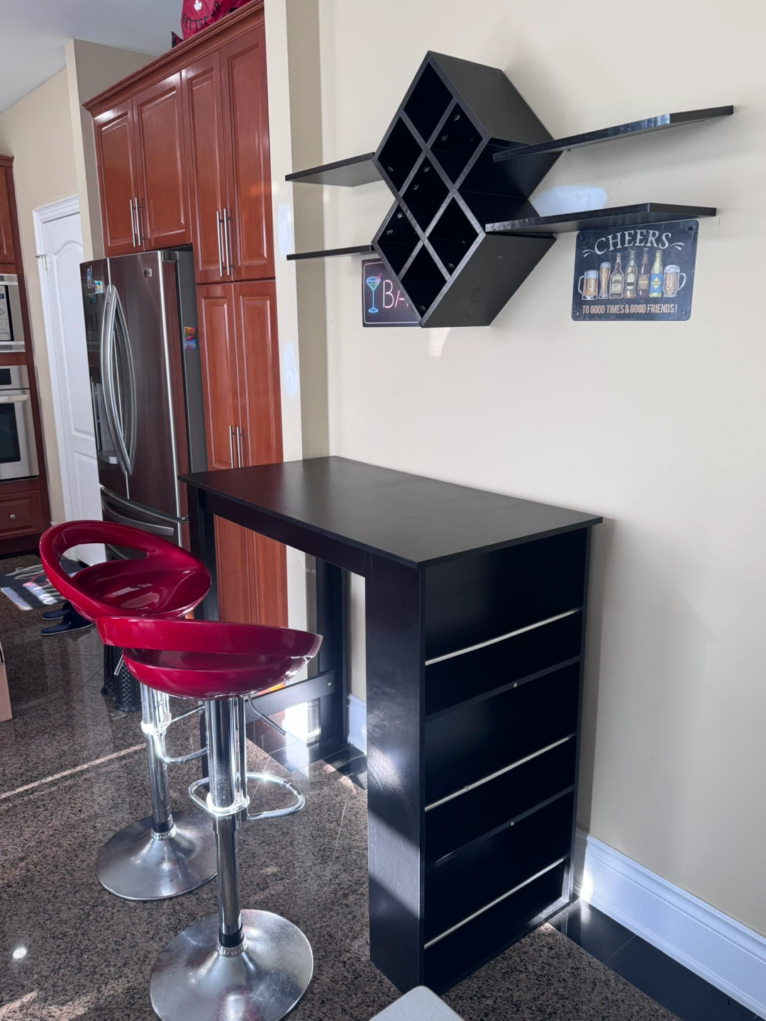 Home Bar Set: Bar Table, 2 Red Stools, Wine Rack & Wall Shelves