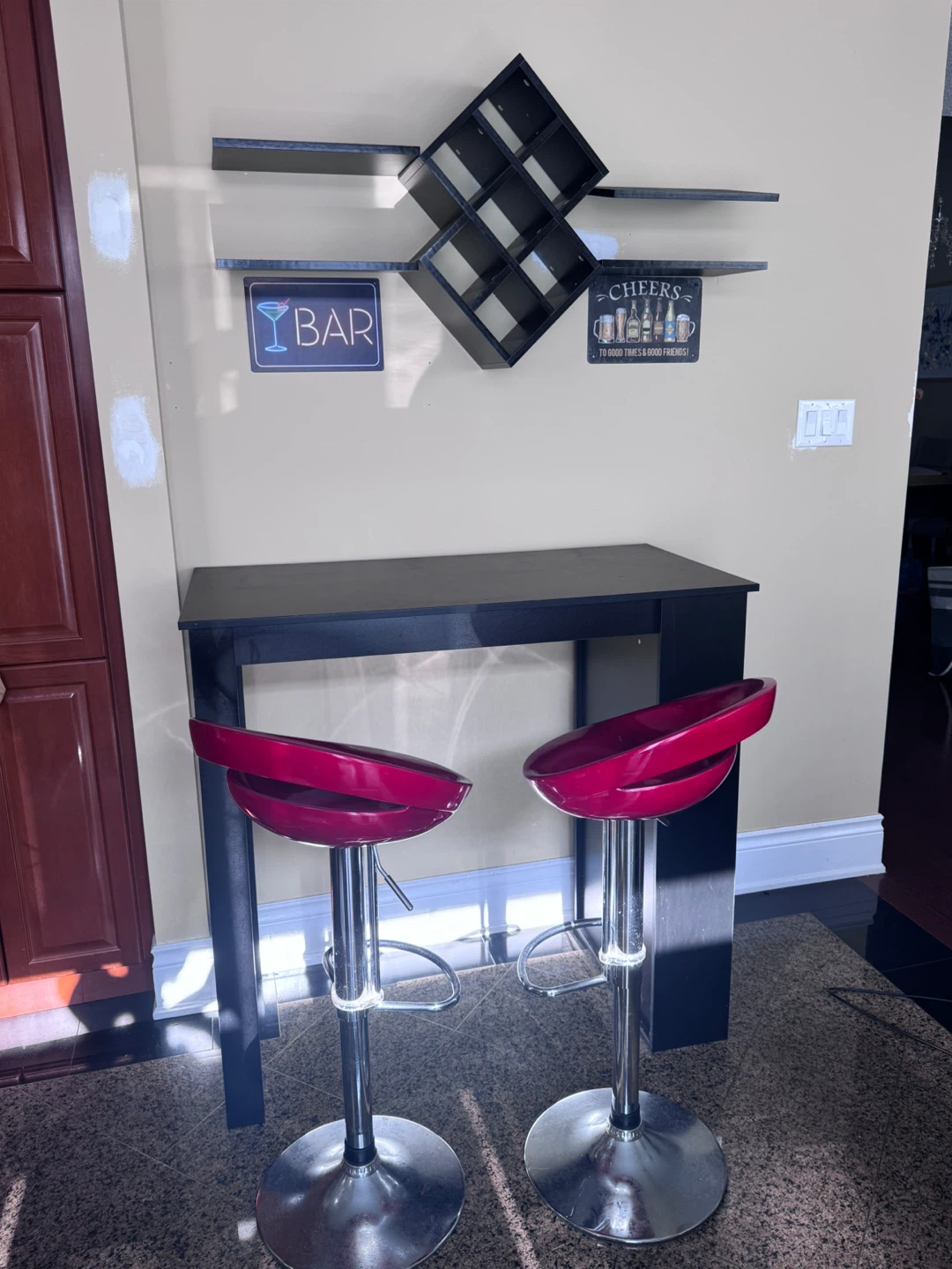 Home Bar Set: Bar Table, 2 Red Stools, Wine Rack & Wall Shelves - photo 2