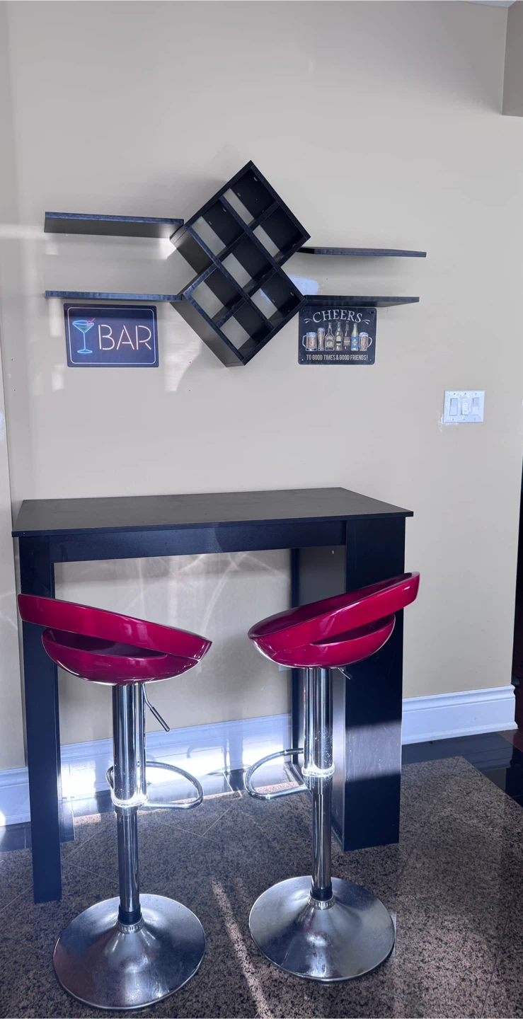 Home Bar Set: Bar Table, 2 Red Stools, Wine Rack & Wall Shelves - photo 5