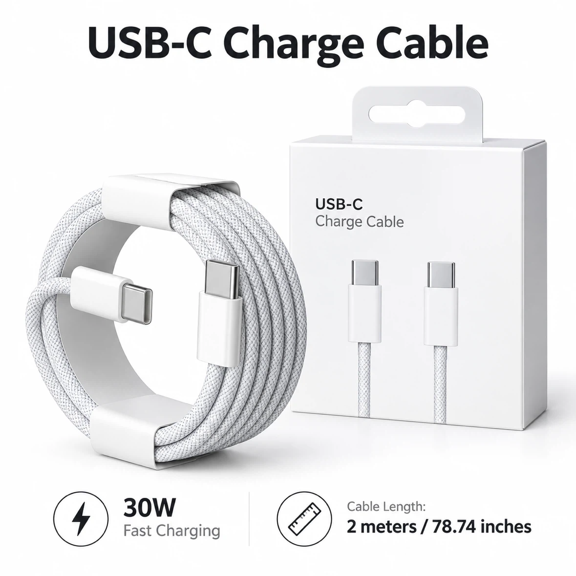 USB-C to USB-C 30W Fast Charging Braided Cable - 2 Meters