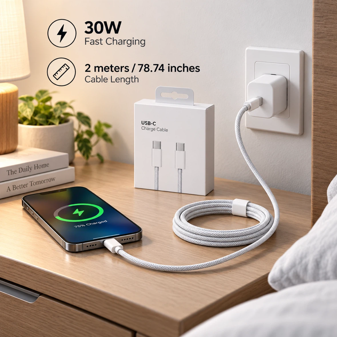 USB-C to USB-C 30W Fast Charging Braided Cable - 2 Meters - photo 3