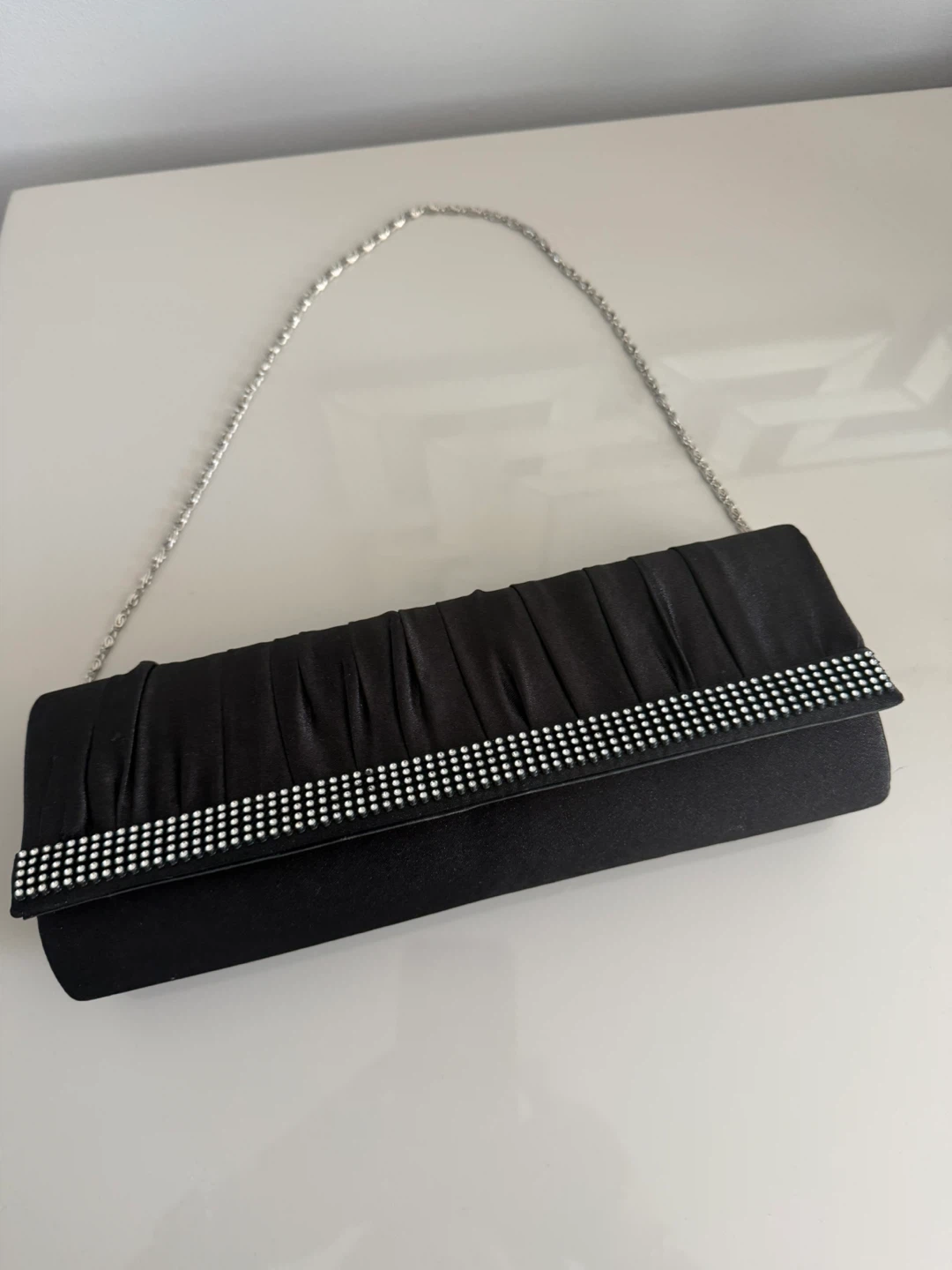 Black Satin Clutch with Rhinestone Detail