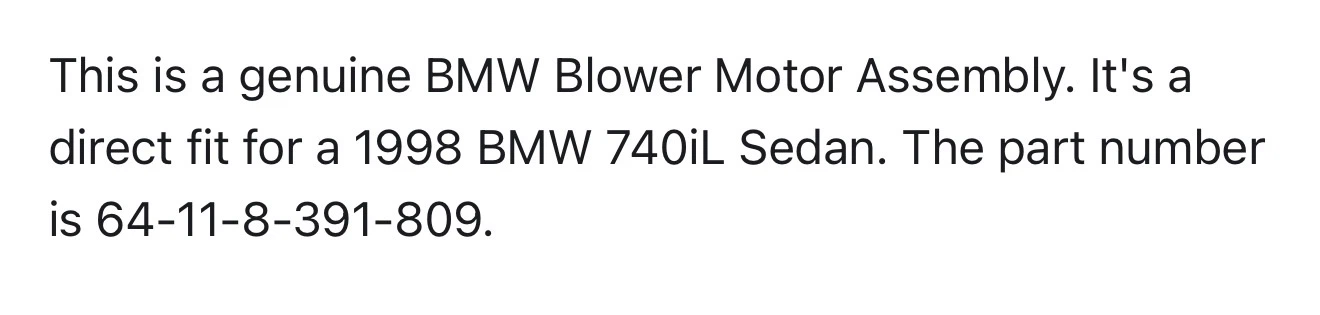 Genuine BMW Blower Motor Assembly 64-11-8-391-809 - photo 2