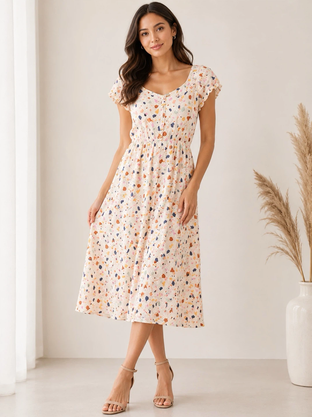 Madewell Cream Terrazzo Print Dress with Cap Sleeves - photo 2