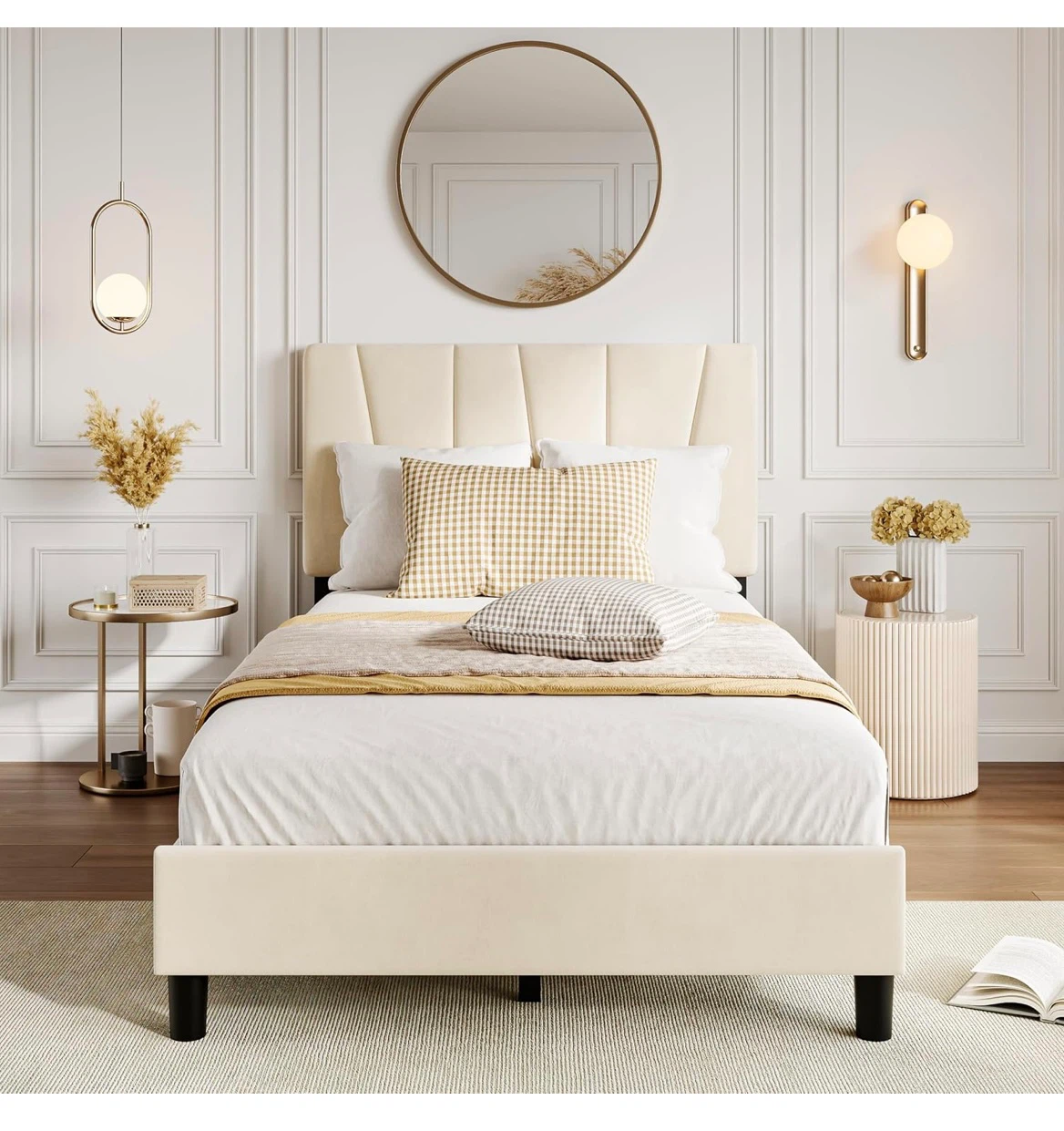 Twin size beige upholstered bed frame