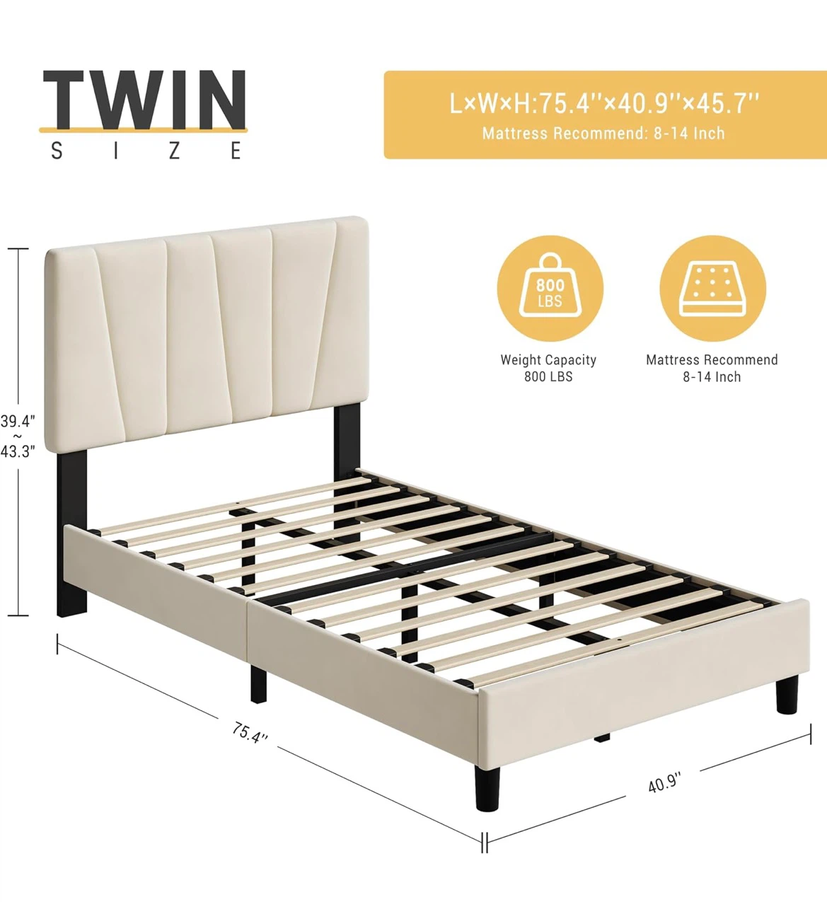 Twin size beige upholstered bed frame - photo 2