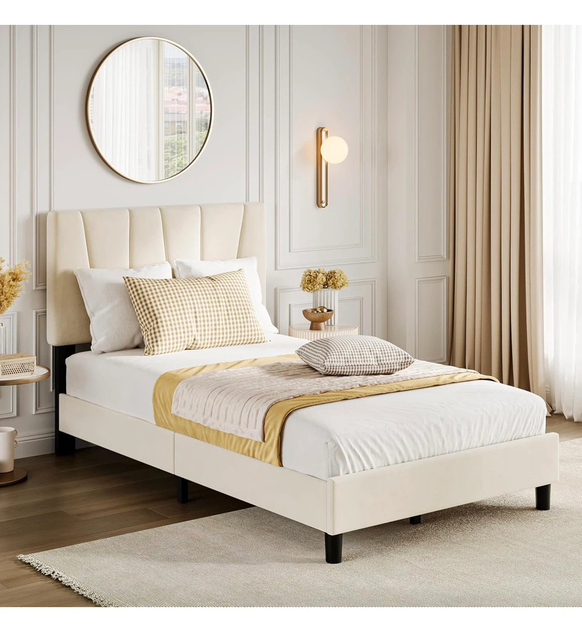 Twin size beige upholstered bed frame - photo 3