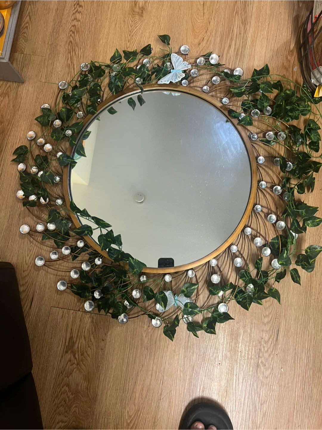 Decorative Round Mirror with Vine and Butterfly Accents
