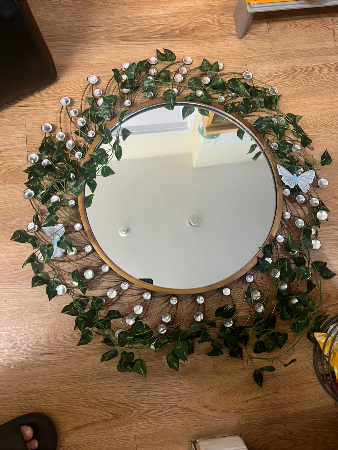 Decorative Round Mirror with Vine and Butterfly Accents - photo 2