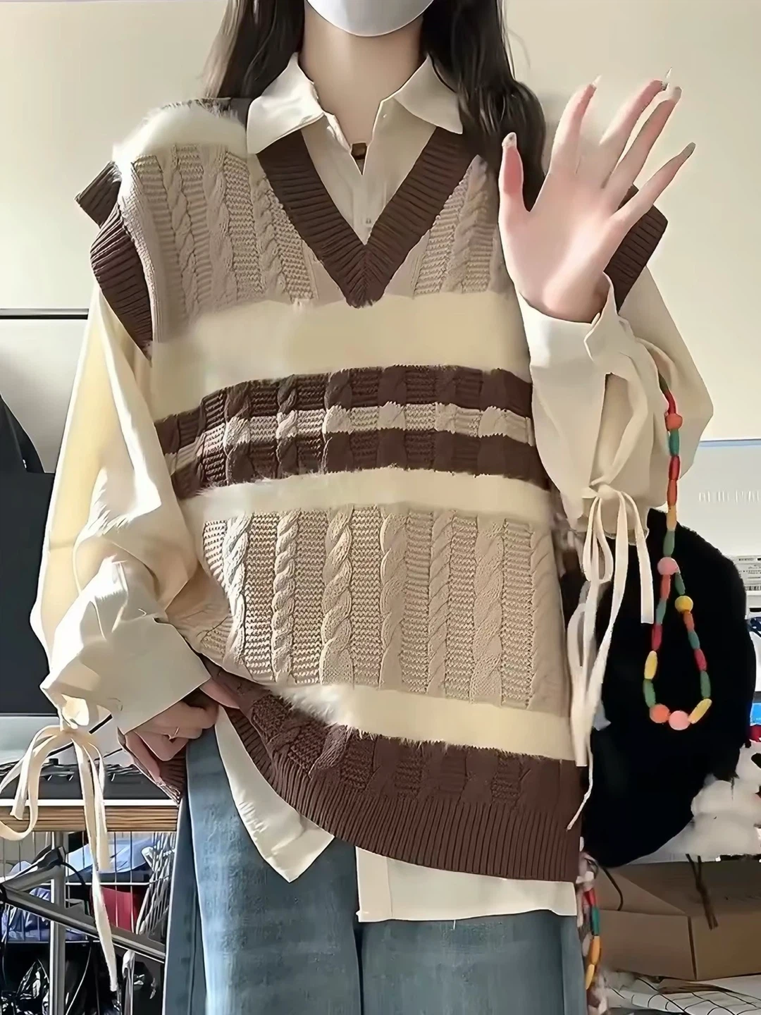 Vintage Cable-Knit Striped V-Neck Sweater Vest