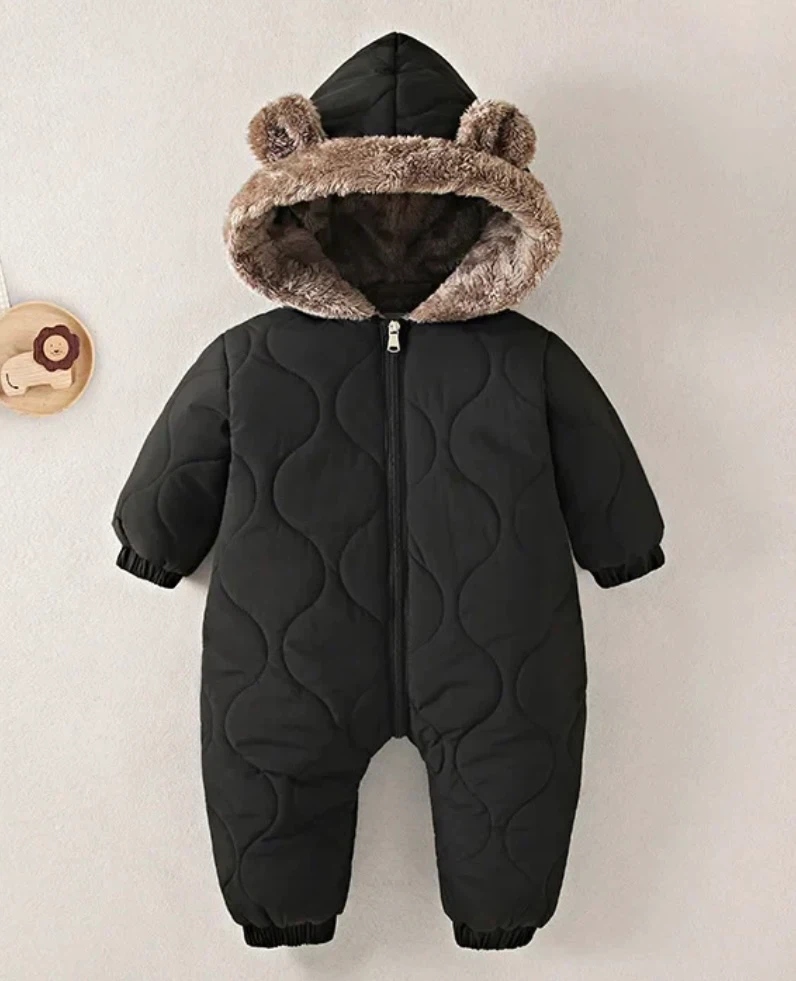 Black Baby Bear Ear Hooded Padded Jumpsuit