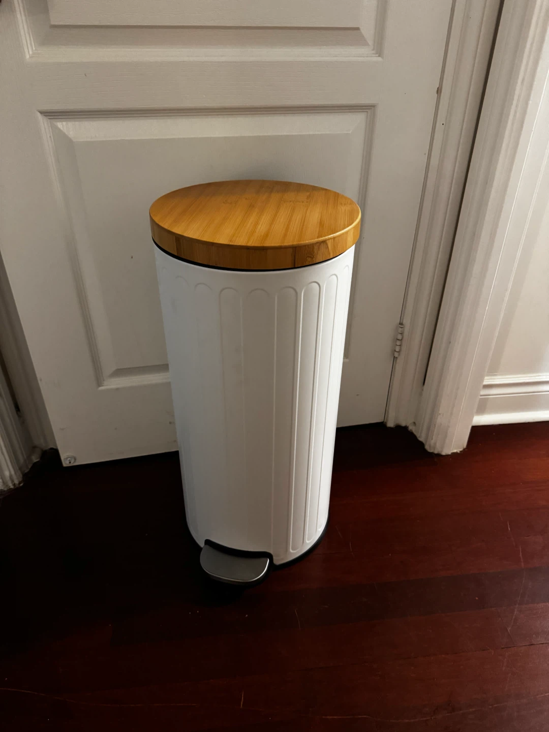 White Pedal Bin with Bamboo Lid
