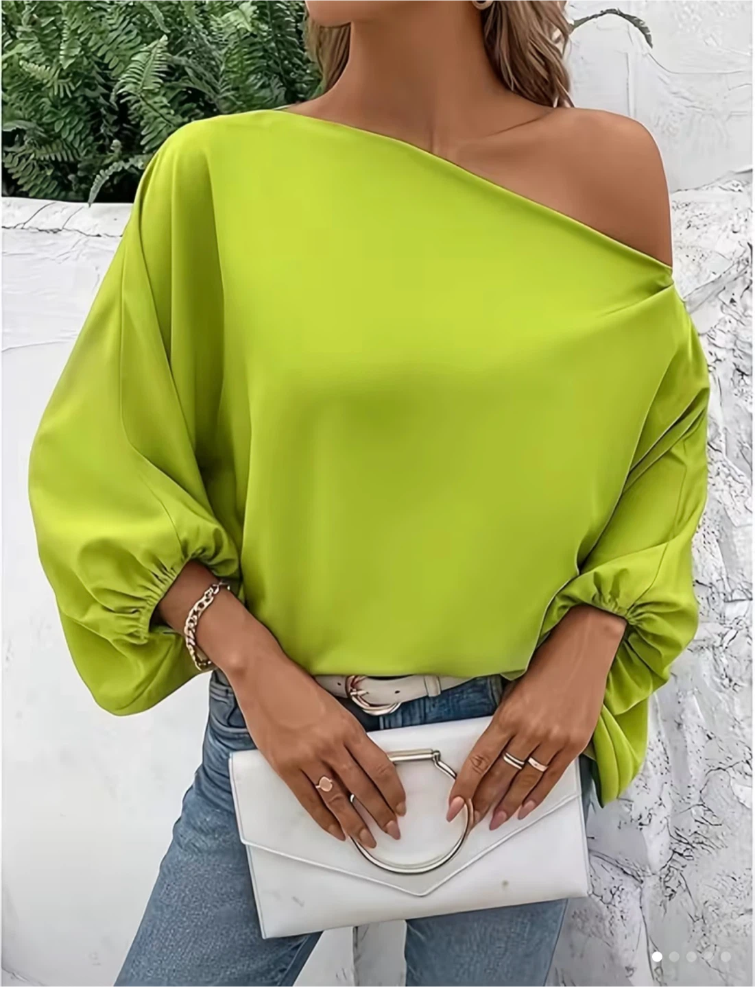 Lime Green Off-Shoulder Balloon Sleeve Blouse